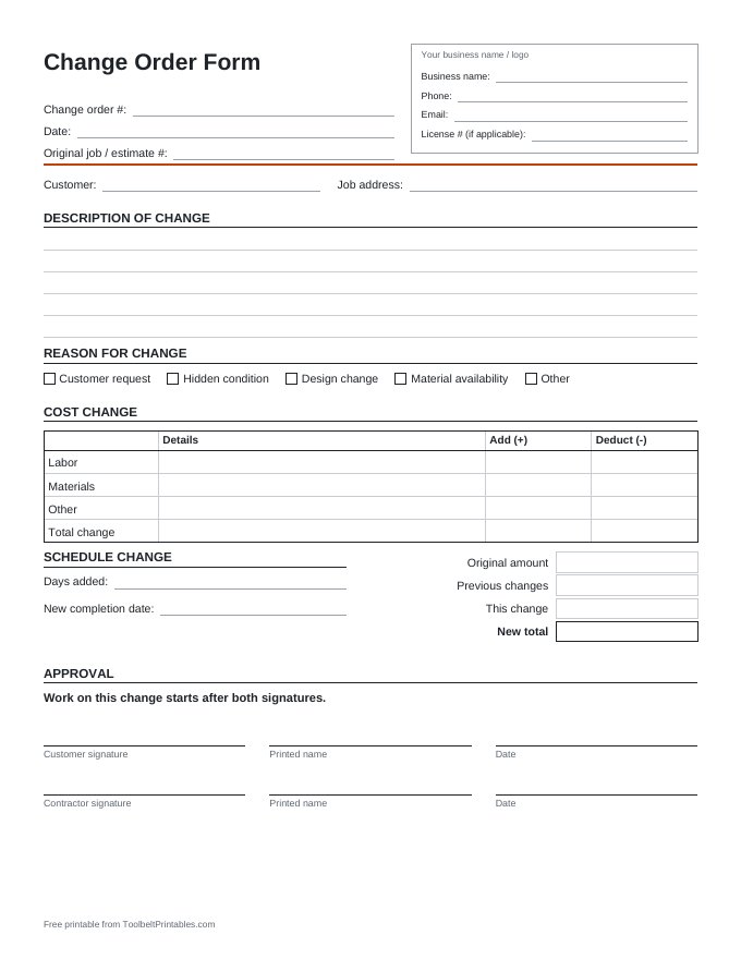Preview of the Change Order Form printable, page 1 of 1