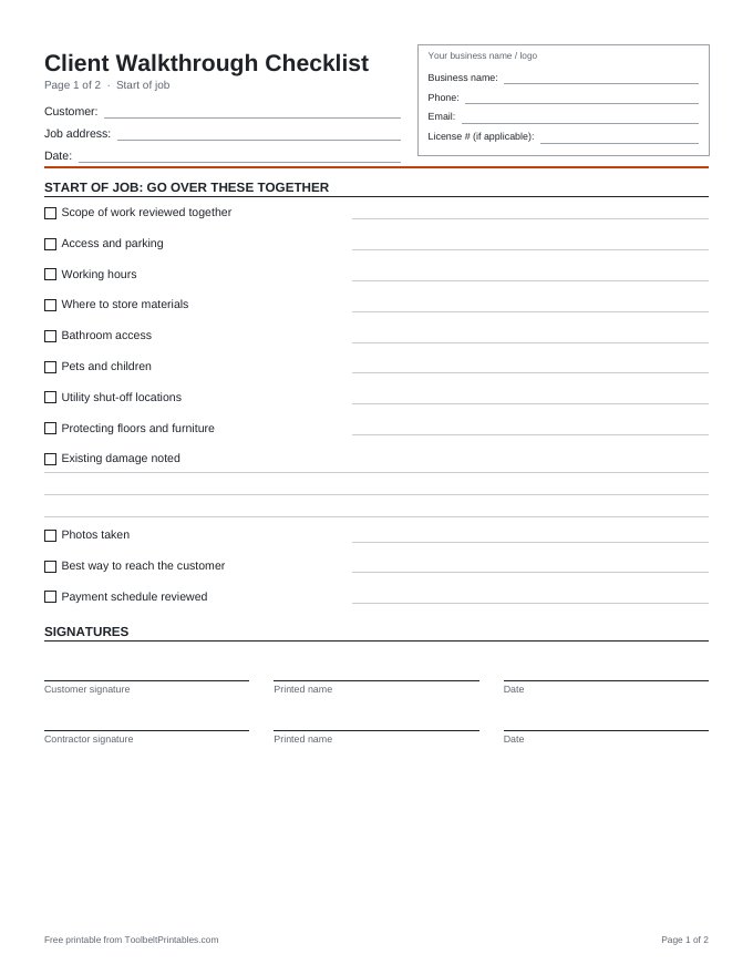 Preview of the Client Walkthrough Checklist printable, page 1 of 2