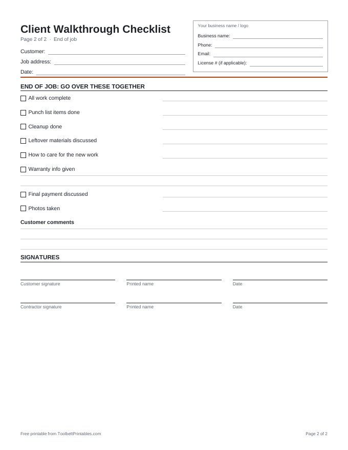 Preview of the Client Walkthrough Checklist printable, page 2 of 2
