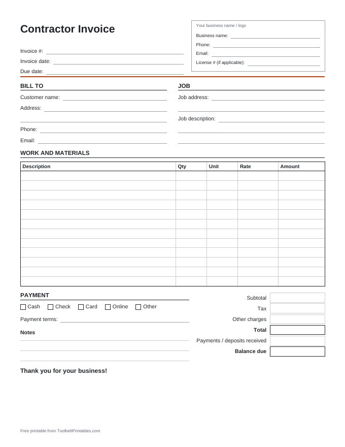Preview of the Contractor Invoice printable, page 1 of 1