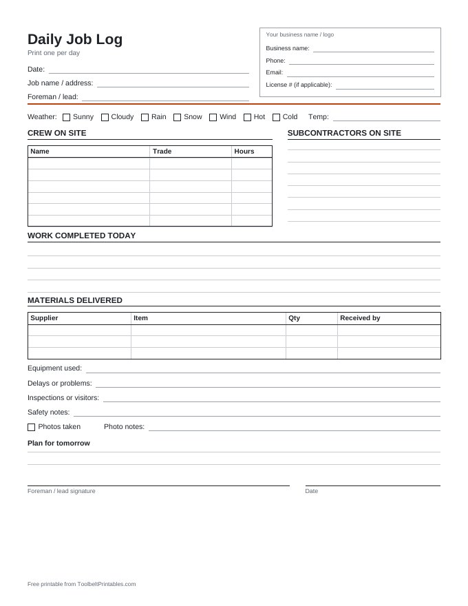 Preview of the Daily Job Log printable, page 1 of 1