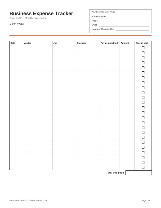 Preview of the Business Expense Tracker printable, page 1 of 2