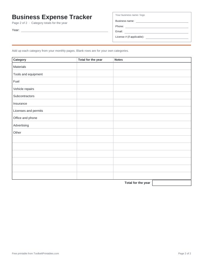Preview of the Business Expense Tracker printable, page 2 of 2