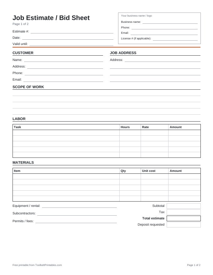 Preview of the Job Estimate / Bid Sheet printable, page 1 of 2
