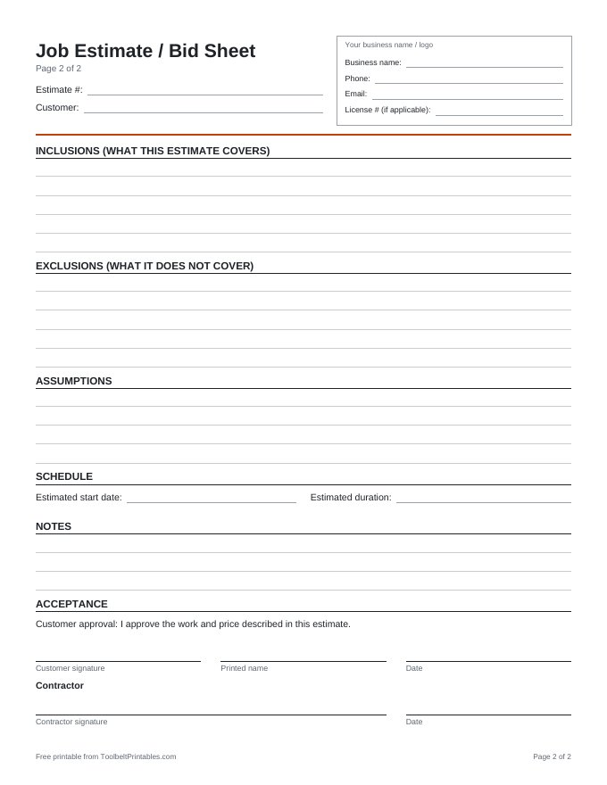 Preview of the Job Estimate / Bid Sheet printable, page 2 of 2