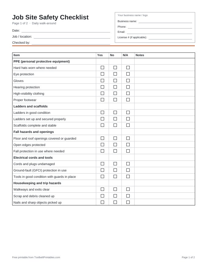 Preview of the Job Site Safety Checklist printable, page 1 of 2