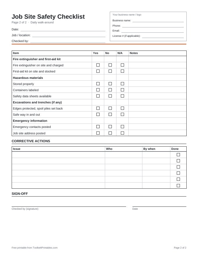 Preview of the Job Site Safety Checklist printable, page 2 of 2