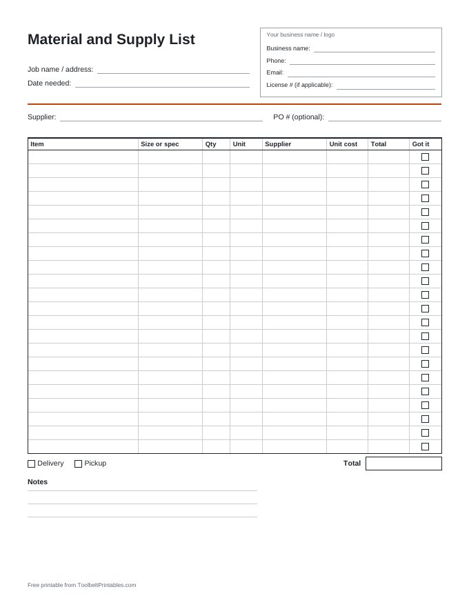 Preview of the Material and Supply List printable, page 1 of 1