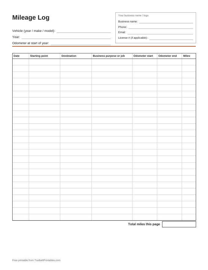 Preview of the Mileage Log printable, page 1 of 1