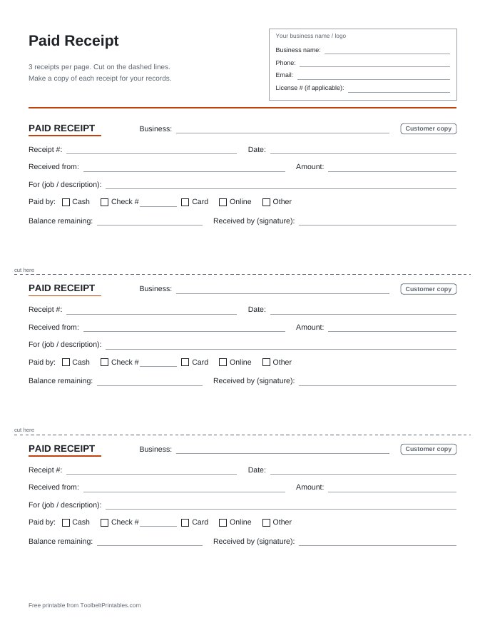 Preview of the Paid Receipt printable, page 1 of 1
