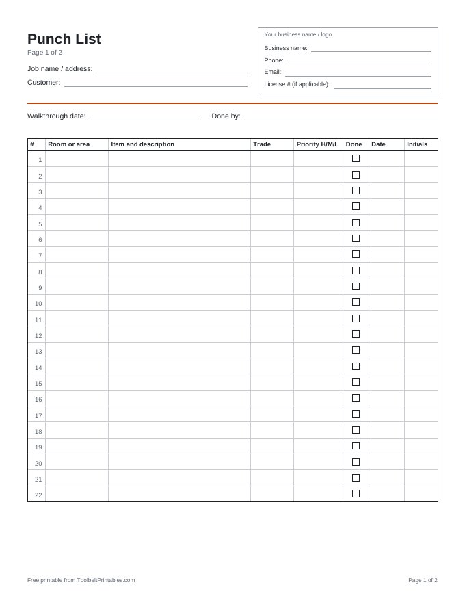 Preview of the Punch List printable, page 1 of 2