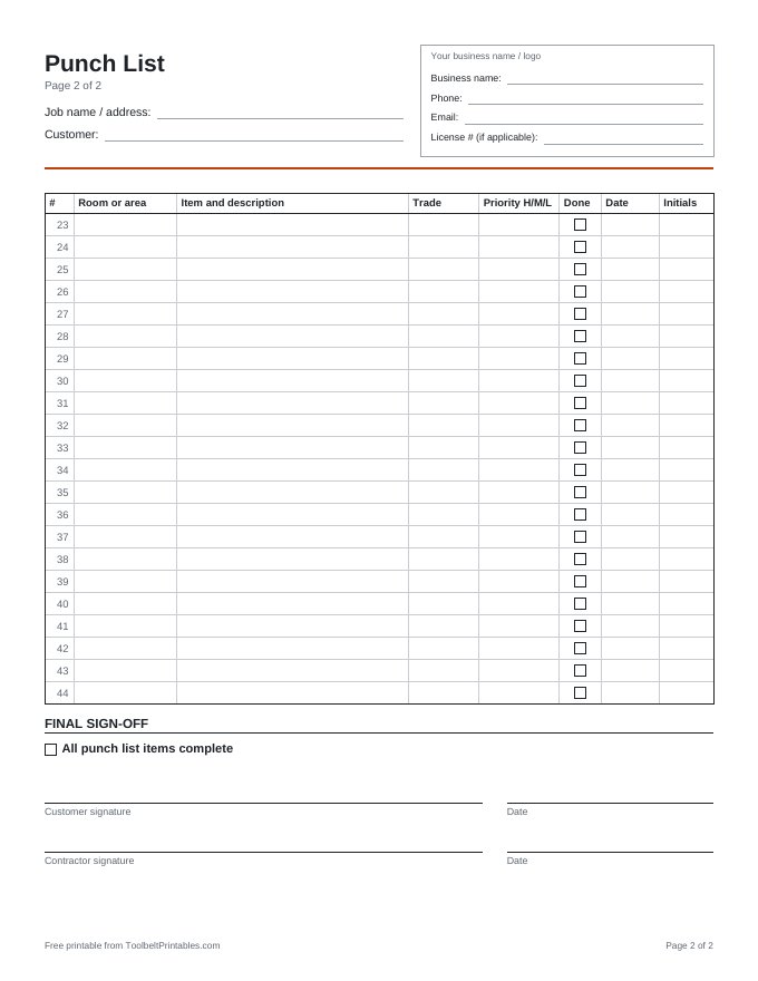 Preview of the Punch List printable, page 2 of 2