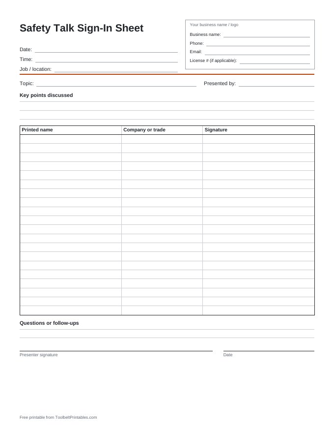 Preview of the Safety Talk Sign-In Sheet printable, page 1 of 1