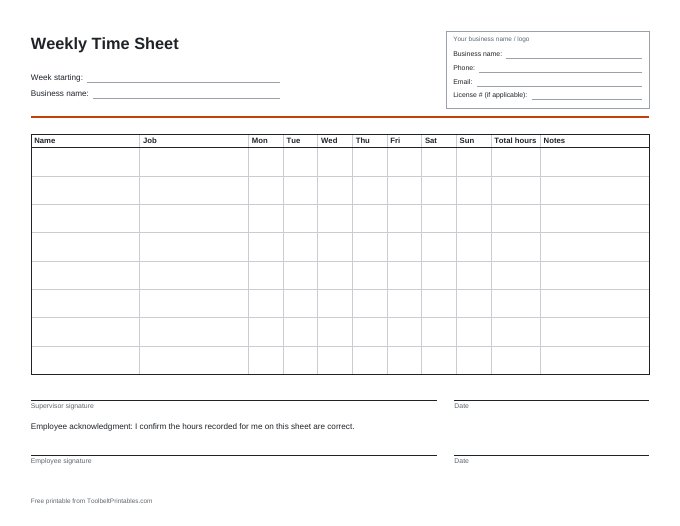 Preview of the Weekly Time Sheet printable, page 1 of 1