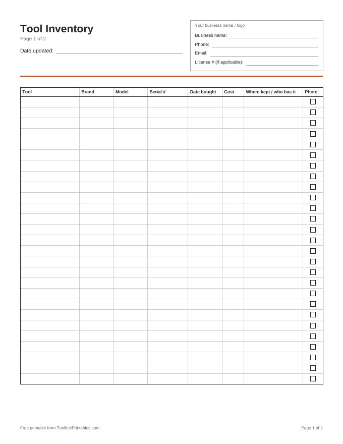 Preview of the Tool Inventory printable, page 1 of 2