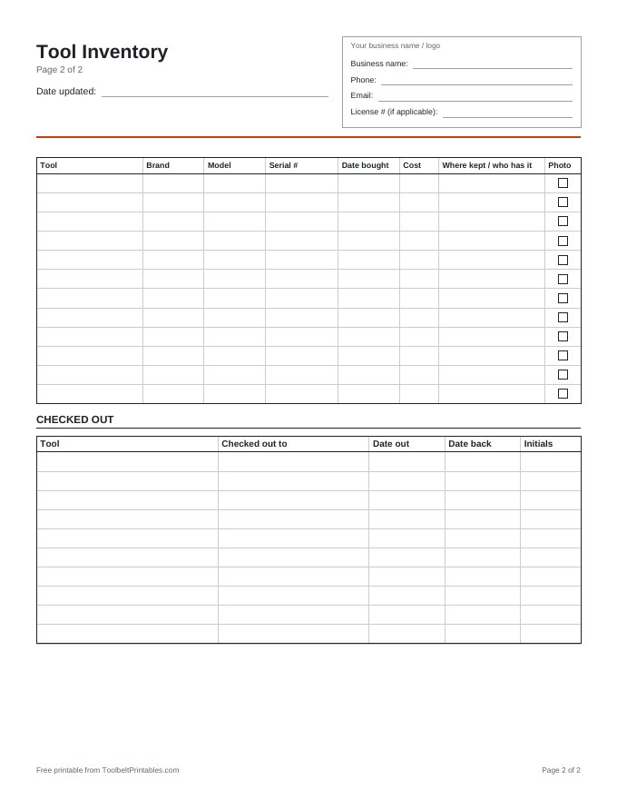 Preview of the Tool Inventory printable, page 2 of 2