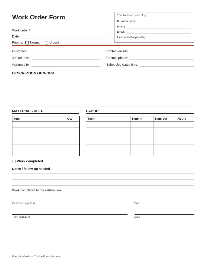 Preview of the Work Order Form printable, page 1 of 1
